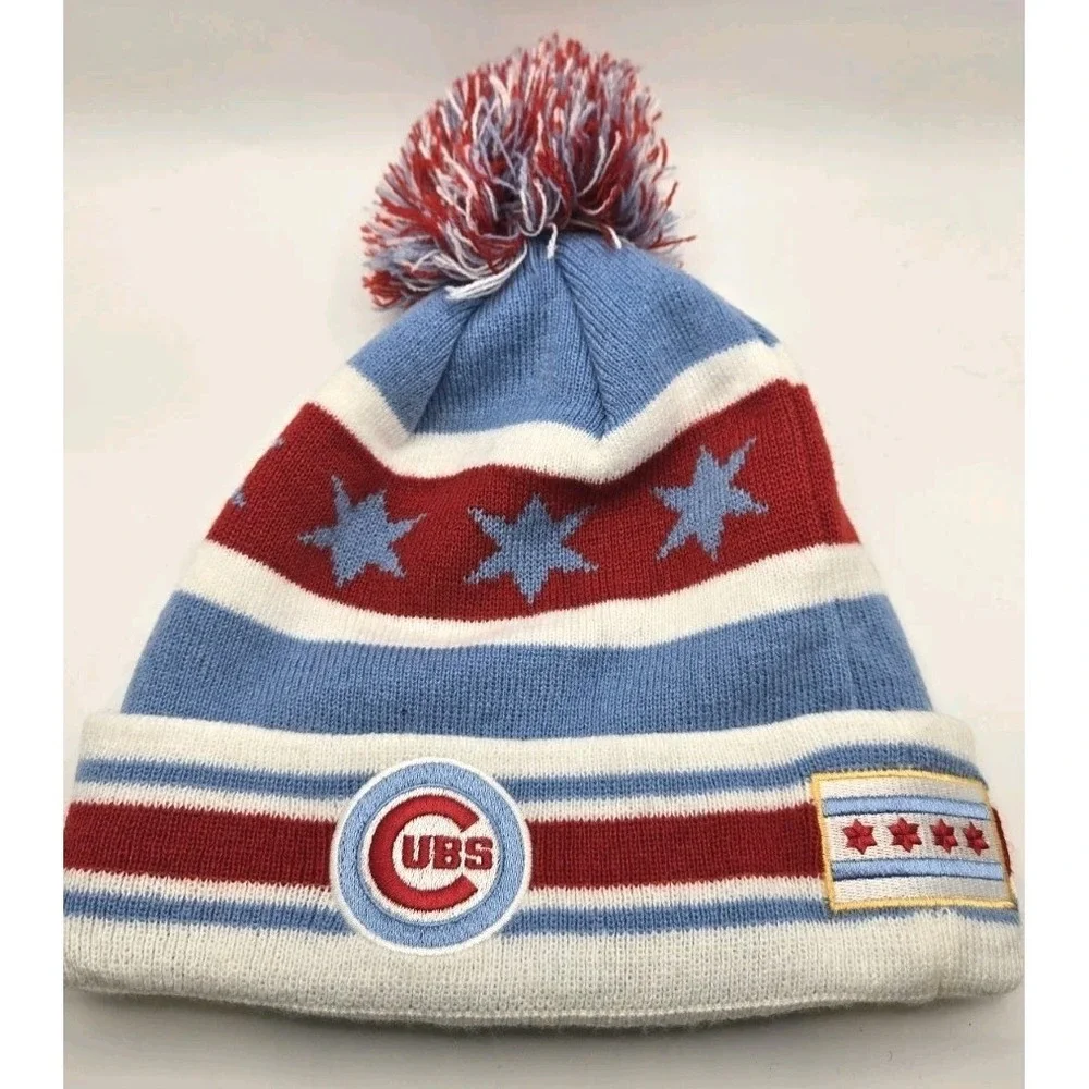 Chicago Cubs New Era Pom Beanie Hat Chicago Flag Stars Winter Knit Cap MLB